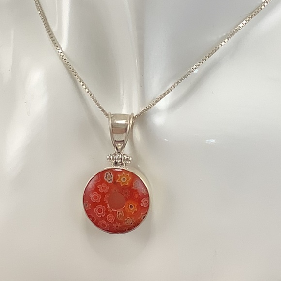 925 Silver Italian Millefiori Glass Donut Pendant Choker Necklace